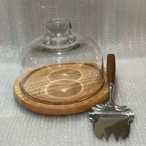 Julie Pomerantz Teak Cheese Board w/ glass dome & cheese shaver